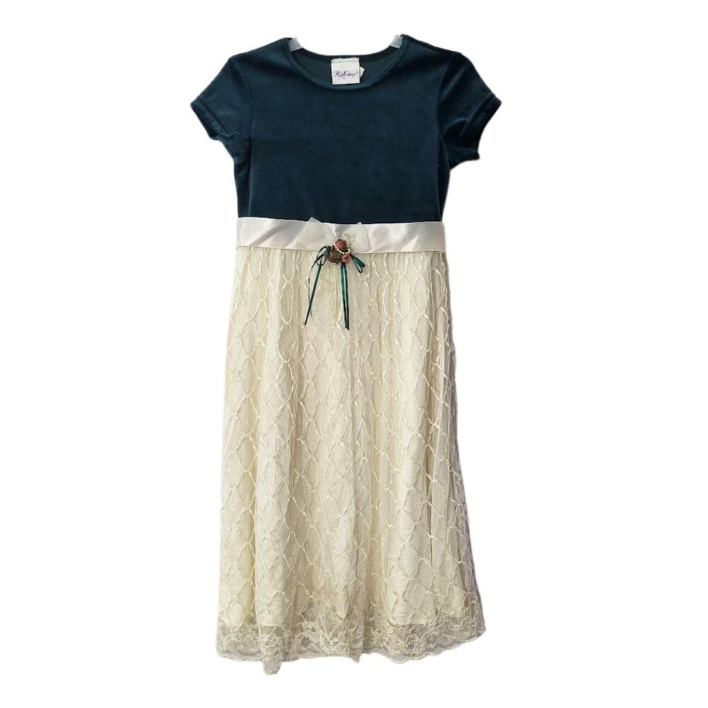 ROSE COTTAGE Hunter Green & Cream Long Velvet & Lace Dress - Girl's 7